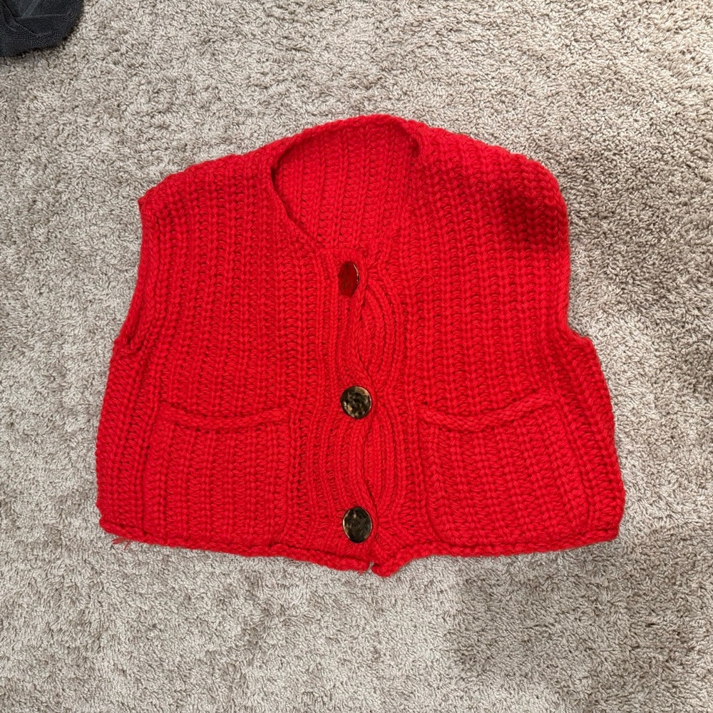 Size M Red Knitter Sweater Cardigan Vest with Gold Buttons